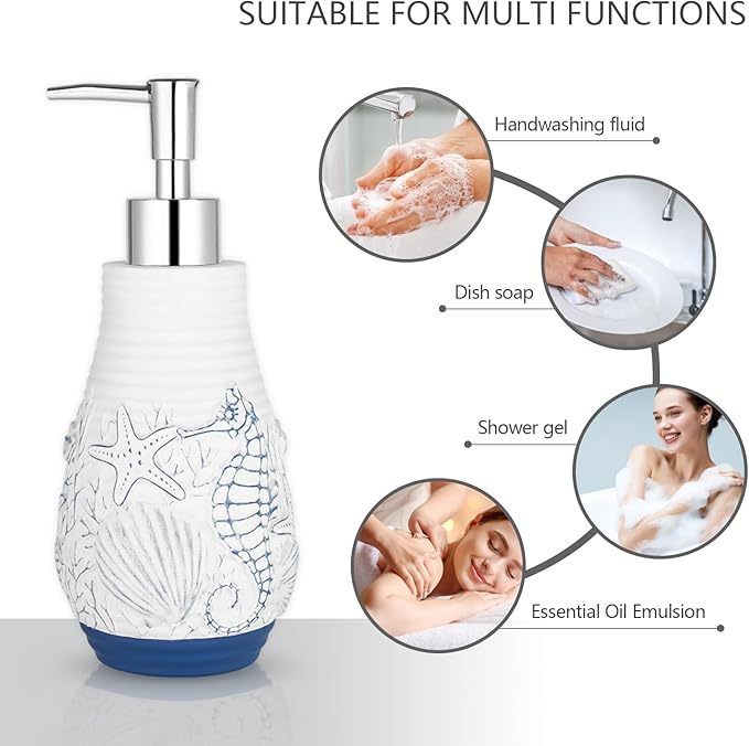 Beach Theme Bathroom Accessory Sets 4PCS Bathroom Accessories Set Complete Embossed Seashell Starfish Design Includes Lotion Dispenser Toothbrush Holder Tumbler Cup & Vanity Tray