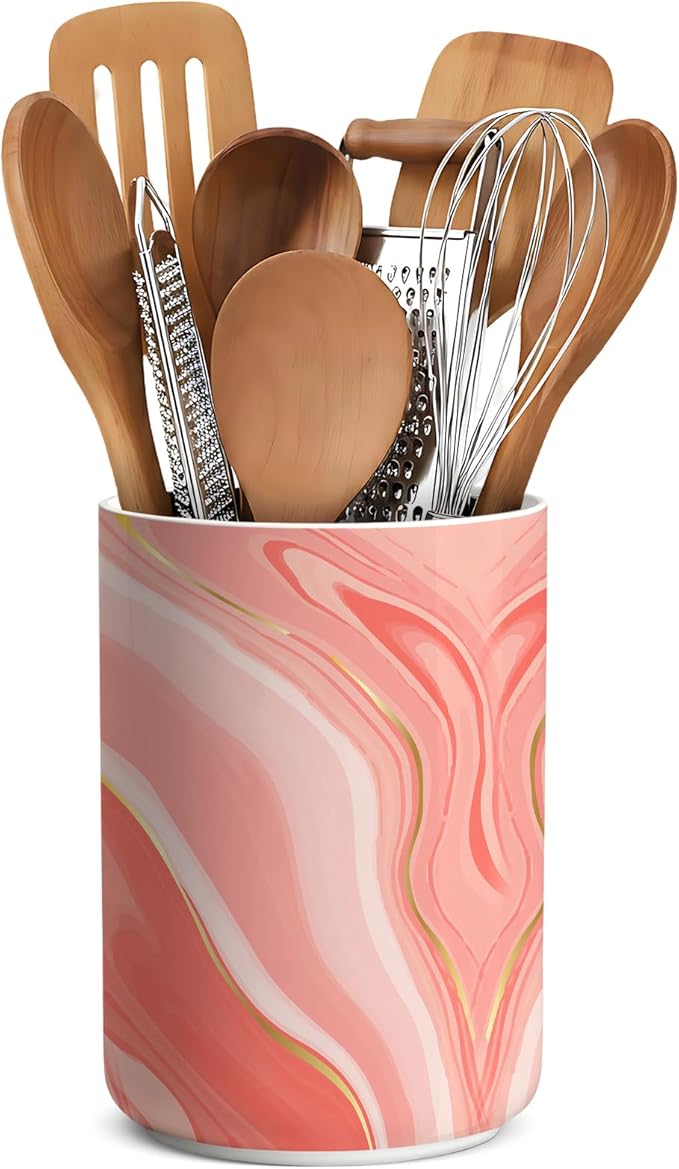 pink marble utensil holder,Countertop Ceramic Utensil Holder,Large Cooking Utensil Crocks for Kitchen Counter Decor,Ceramic Vase for Kitchen Utensils,H6.3 xD4.7(Pink marble)
