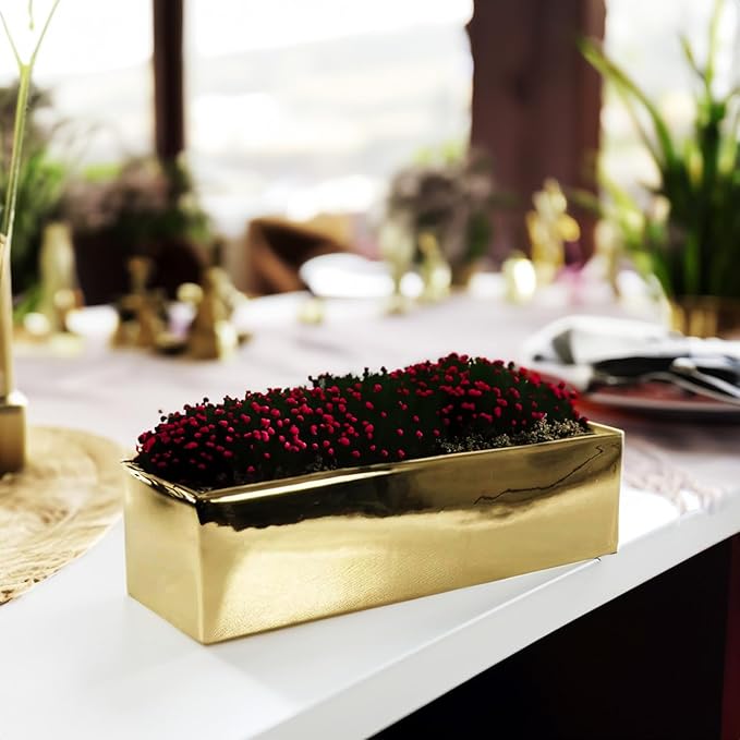 WGVI Long Rectangle Ceramic Planter Vase in Gold 12" x 4" x 4"H, Block Rectangular Terrarium Box Pot, Flower Arrangement, Table top Centerpiece, Home Decor Organization Storage Container, 1 Pc.