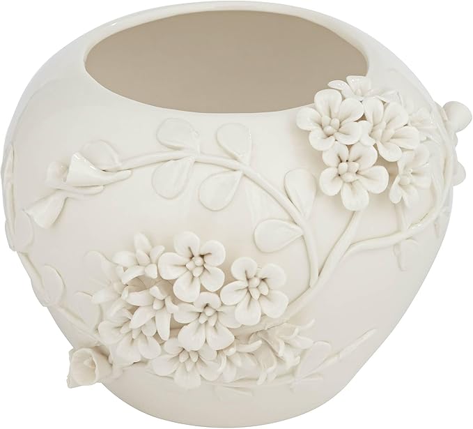 Bloomer 8 3/4" Wide White Glazed Floral Cottage Core Decorative Vase - Dahlia Studios