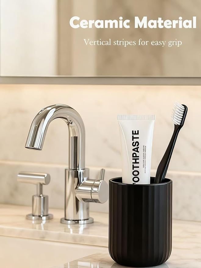 Black Ceramic Toothbrush Holder Cup – 13.5oz Bathroom Tumbler with Vertical Stripe Texture, Modern Toothbrush or Makeup Brush Holder