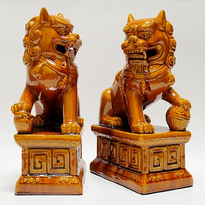 Handcrafted Ceramic Feng Shui Foo Dog Statues Pair Asian Guardian Lions for Office, Home, Housewarming, and Store Opening Gifts Traditional Chinese Decor,Yellow,7.48 * 12.2in
