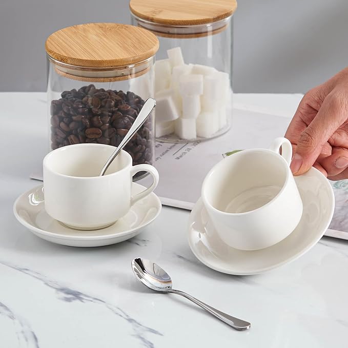 2.5oz Espresso Cups Set of 4, Demitasse cups and Saucers with Spoons for 4, Expresso Shot Cups for Espresso Machine-White