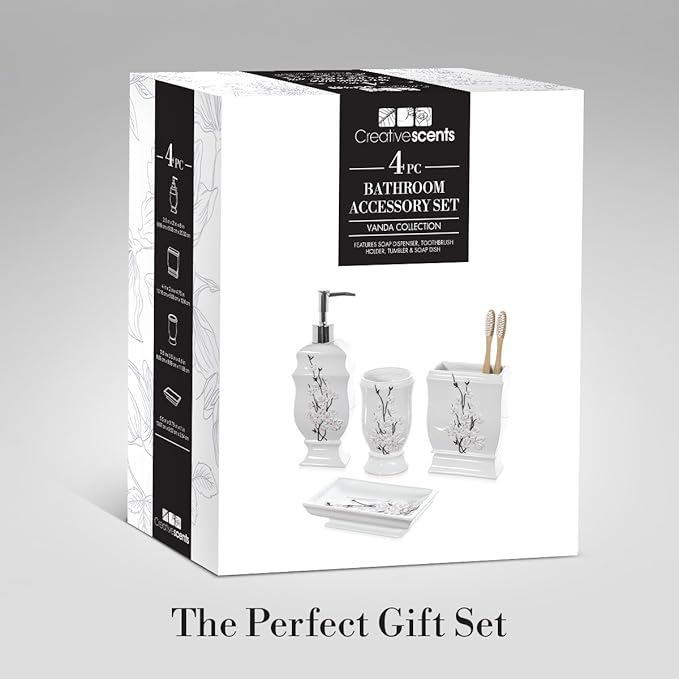 Creative Scents Vanda Bathroom Set - Cherry Blossom White Bathroom Accessories Set - 4 Piece Floral Bathroom Soap Dispenser Set Includes: Lotion Dispenser, Toothbrush Holder, Tumbler & Soap Dish