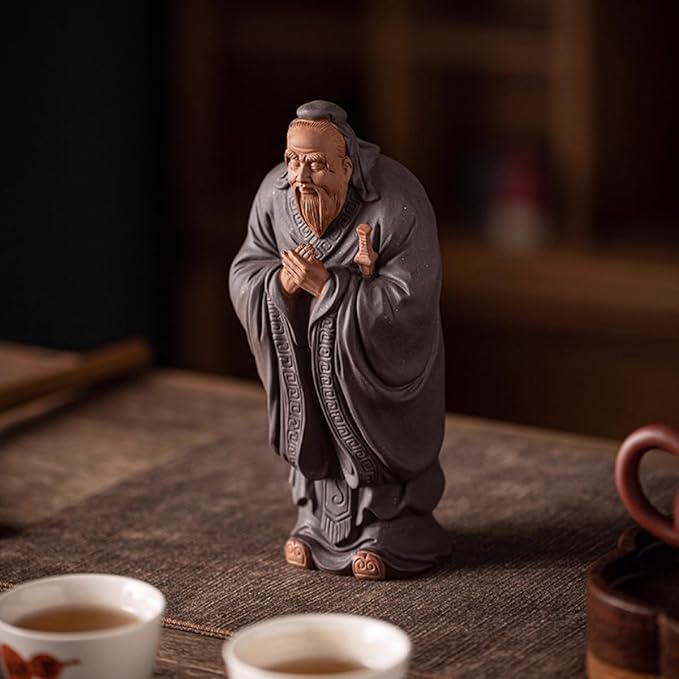 Traditional Chinese Purple Clay Confucius Statue, Ceramic Sculpture, Gray, 8.5x6.7x18.5cm, Decorative Collectible Art