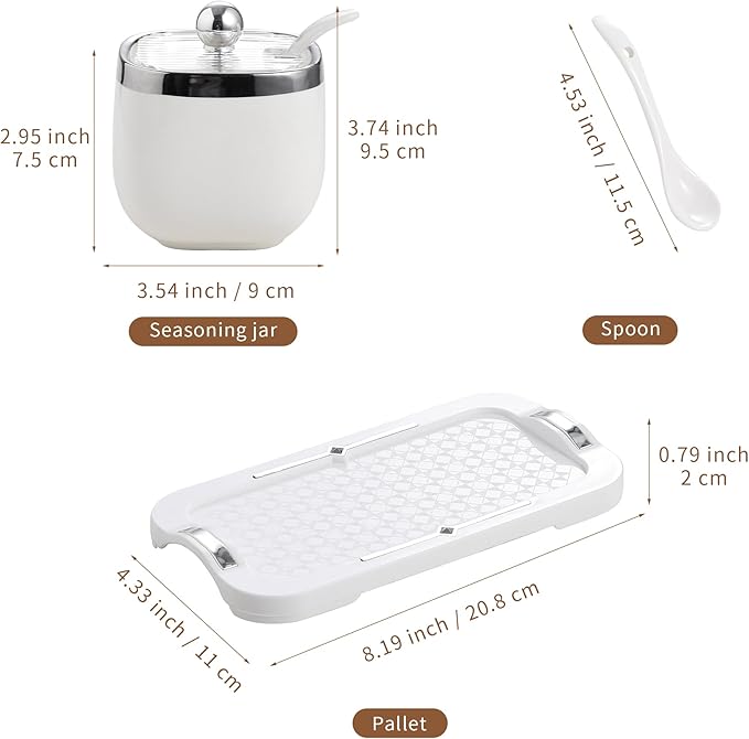 shuqiao Porcelain Condiment Jar Spice Container with Lid - Ceramic Spoon, Plastic Tray is the best clay pot for your home, kitchen, counter. White, 280 ml (9.4 oz), 2-piece set (3, Circle)
