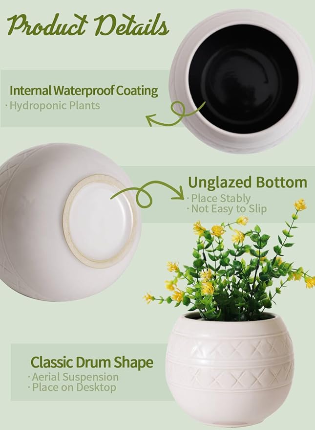TAMAYKIM 6 Inch White Hanging Planter with Durable Rope - Drum Shape Flower Pot for Indoor Outdoor Plants, Balcony Garden Decor (Plants Not Included)
