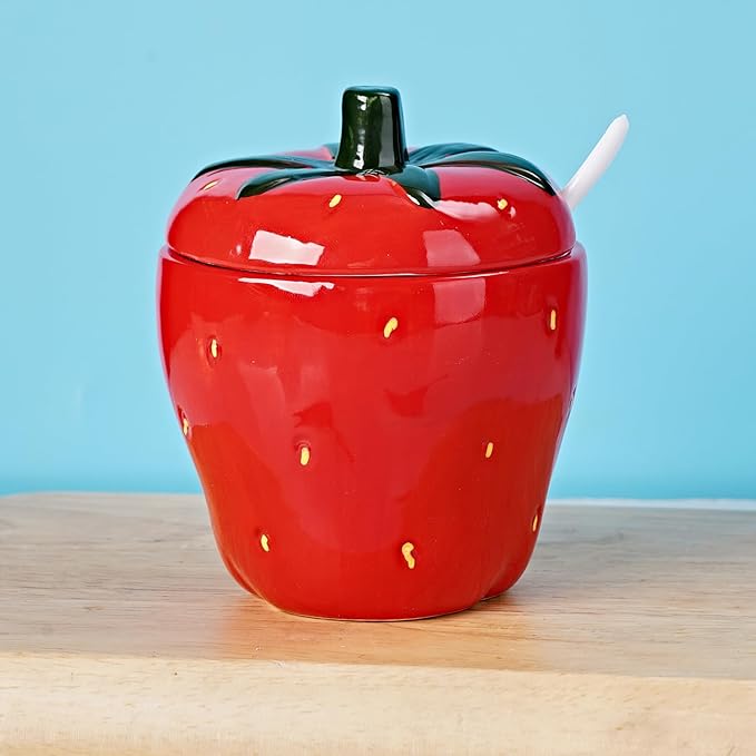 Hand-painted Ceramic Fruit Shape Sugar Bowl Spice Jar Seasoning Pot with Lid Spoon (Strawberry)
