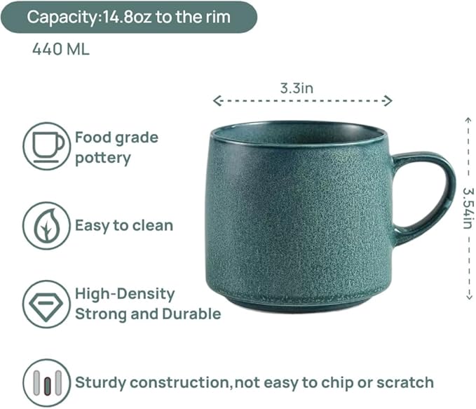 12oz Japanese Minimalistic Asian Aesthetic Rustic Handmade Ceramic Pottery Coffee Mug, Lead-Free Glaze Artisanal earthen Tea Mug, Sturdy Tea cup with handle, Handmade stoneware mugs for office (Teal)