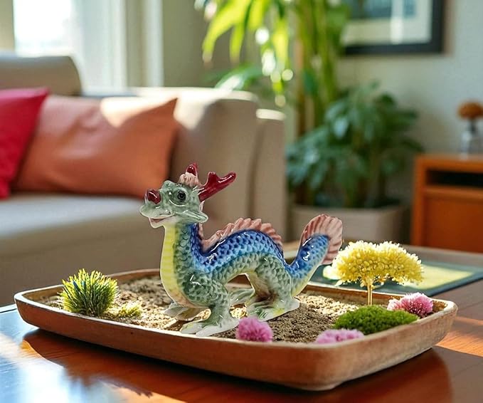 WitnyStore 3¼" Multicolor Chinese Asian Dragon Ceramic Figurine for Terrarium Decoration Collectible Statue for Adult Collectors Handcrafted Porcelain Ornament Sculpture Home Room Tabletop Decor