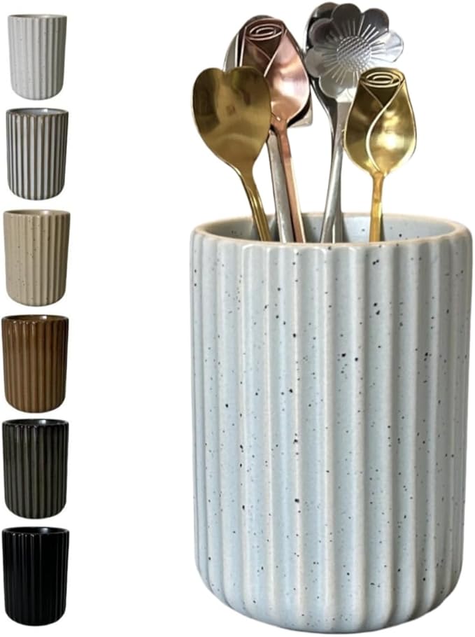 Stoneware Coffee Bar Utensil Holder Tea & Coffee Spoon & Stirrer Holder for Stir Stick Straw Teaspoon Holder Spoon Cup Small Utensil Jar Fluted Vertical Stripe (Blue Grey)