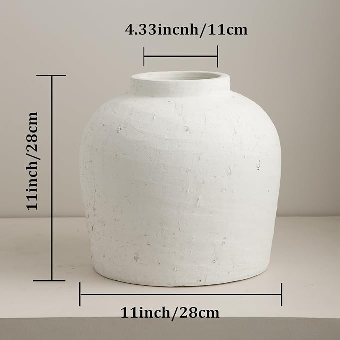 Large Ceramic Vase, 11" Rustic Farmhouse Terracotta Vase for Home Decor, Artisan Decorative Flower Vase for Living Room, Table Centerpiece, Bedroom (Rustic White)