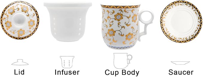 Porcelain Tea Cup with Infuser Lid and Saucer Sets - Chinese Jingdezhen Ceramics Coffee Mug Teacup Loose Leaf Tea Brewing System for Home Office