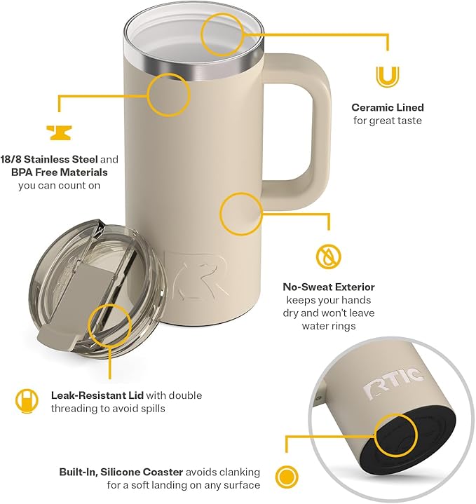RTIC 16oz Road Trip Travel Mug with Lid and Handle, Ceramic Lined, Insulated, Stainless Steel, Metal, Double Wall Vacuum-Insulation, Portable Coffee, Tea Cup for Hot and Cold Drink, Beach