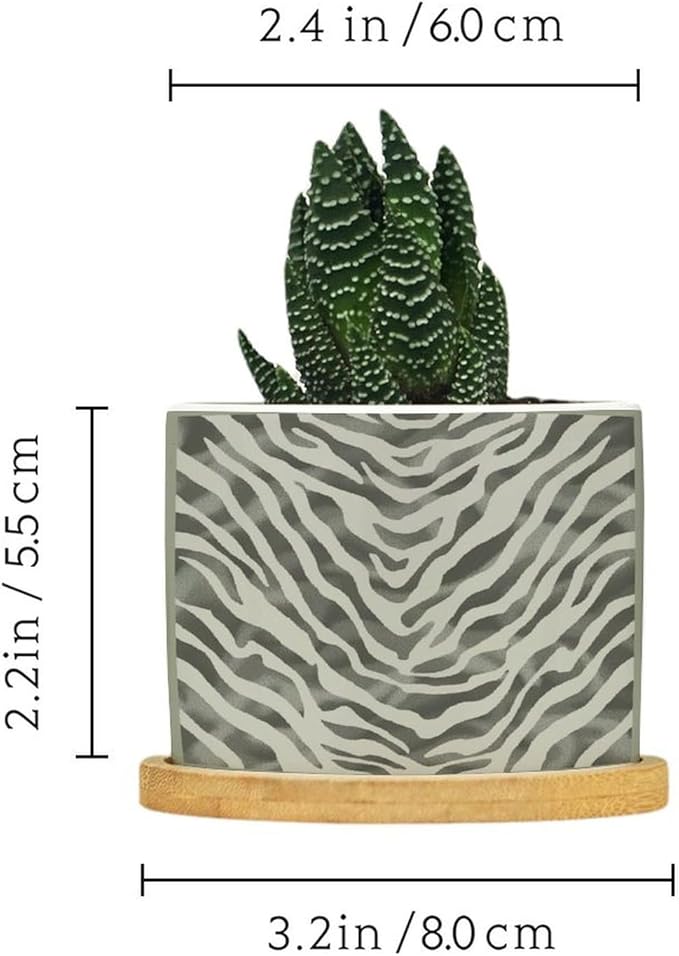 Tiger Fur Skin Planter Ceramic Animal Strip Print Round Flower Pots with Drainage Holes and Bamboo Tray Pot for Succulents Cactus Garden Windowsill