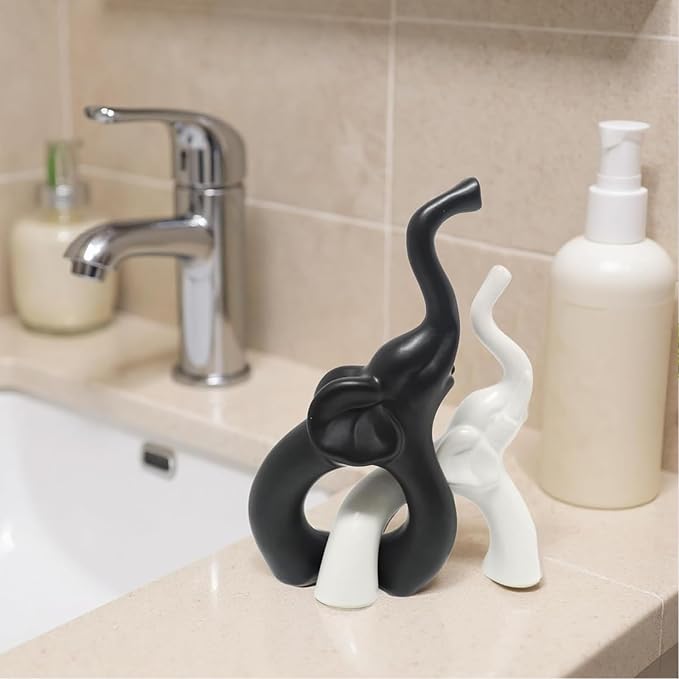 Zerzsy Loving Pair of Elephants Statues Figurine, Modern Style Sculpture Decorative, Ornament Elephant for Living Room Office Cabinets, Shelf - Black & White Ceramic Decor