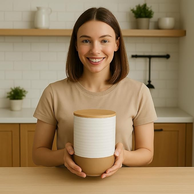 HASENSE 80oz White Ceramic Food Storage Jar with Bamboo Lid – 7.5 Inch Minimalist Kitchen Canister for Pantry, Dry Goods, Sugar, Tea, Flour – Airtight Wide Mouth Container with Natural Base