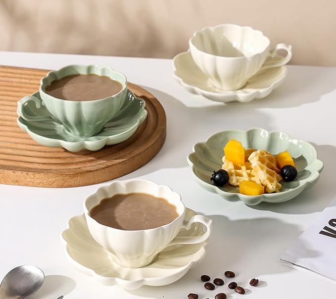 Flower Shaped Ceramic Coffee Cup Teacup with Saucer, Set of 2-White