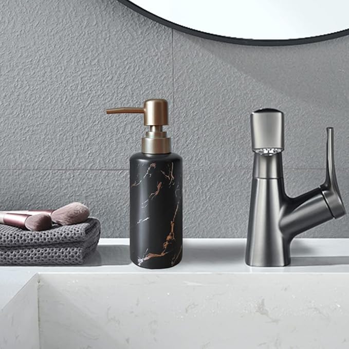 Gold Soap Dispenser for Bathroom or Kitchen, Skinny Ceramic Lotion Bottle with Marble Pattern, Rust-Free Pump(Black)