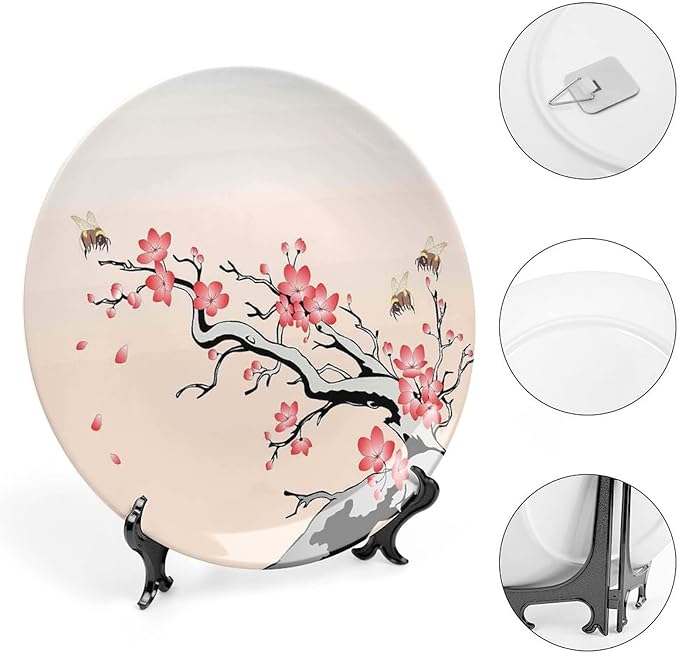 XISUNYA 6 Inch Decorative Plate, Janpese Decor Ceramic Craft, Flowering Cherry Branch with Flying Bees Summer Print Ceramic Wall Hanging for Home & Office Wall Hanging Decor