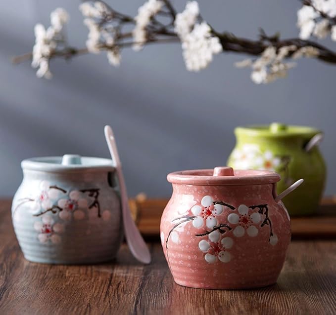 Ceramic Flower Sugar Bowl Seasoning Pot Salt Pepper Storage Jar with Lid And Spoon