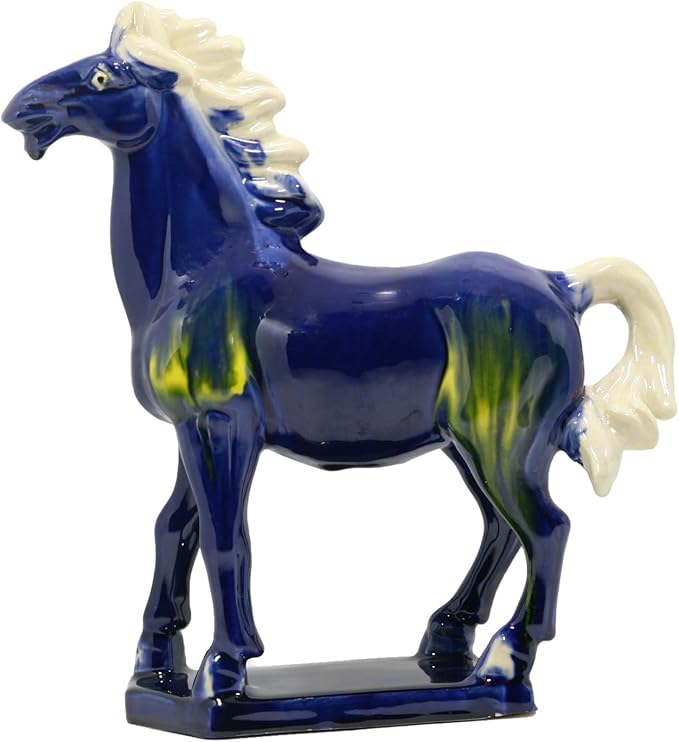 Handmade Chinese Ceramic Horse Sculpture - 9 Inch Tang Dynasty Tri-Color Porcelain Figurine, Museum Quality Home Office Desk Decor, Authentic Cultural Art Piece - Symbol of Strength & Success (Blue)