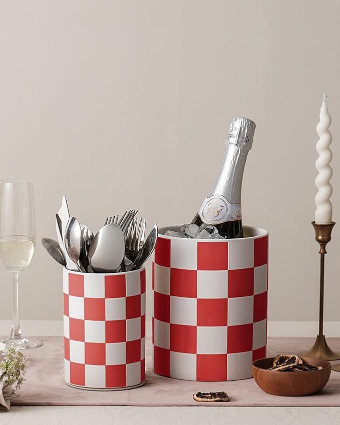 Utensil Holder，7.1"+5.8" Ceramic Kitchen Utensil for Counter top, Checkered Cooking Utensil Holder for Spatula & Spoon, Kitchen Decor, Set of 2 (Red Checkered)