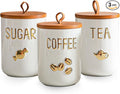 White Ceramic Canister Set for Coffee Tea Sugar, 3-Piece Food Storage Jars with Wood Airtight Lids, Decorative Small Container for Kitchen Pantry Counter - 25oz