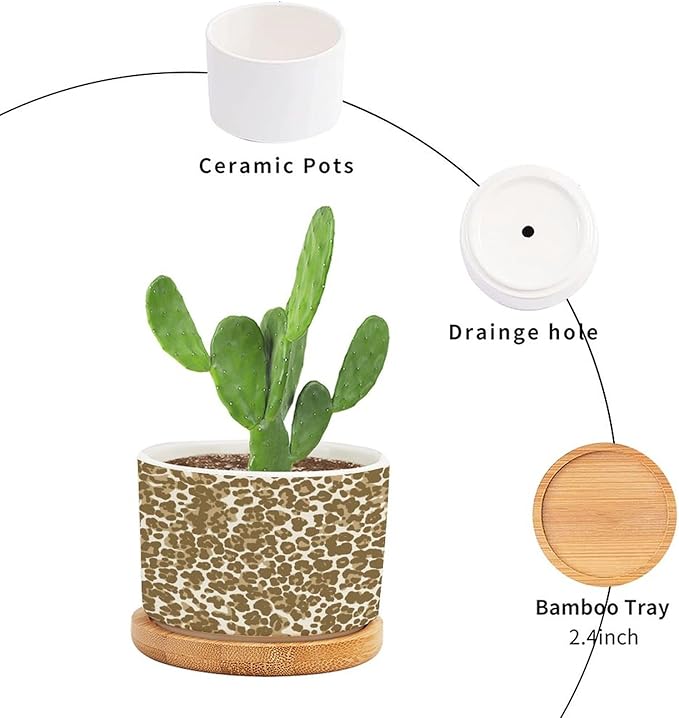Leopard Brown and White Planter Ceramic African Tribal Animal Print Round Plant Pot with Drainage Holes and Bamboo Tray Pot for Succulents Cactus Garden Windowsill