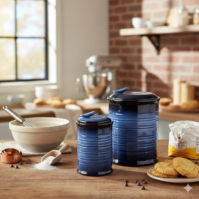 Nihow Food Storage Jar Sets: Ceramic Container with Air Tight Lid for Flour/Sugar/Rice/Coffee/Cookies/Candy - Seal Damp-proof Canister for The Kitchen Counter - Set of 4 （Blue & Black）
