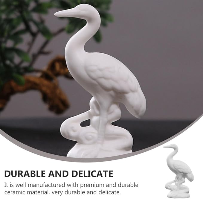 Ceramic Crane Figurine White Decorative Ornament Asian Home Décor Accent Collectible Sculpture for Living Room and Porch Display
