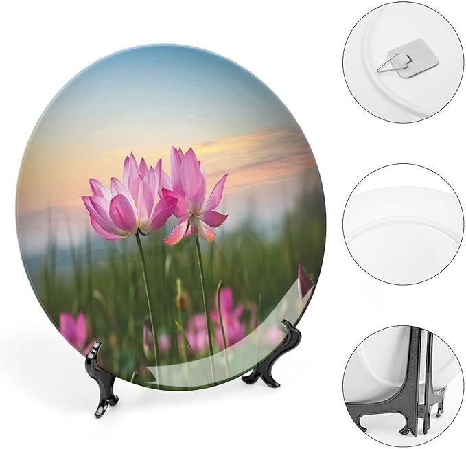 XISUNYA 8 Inch Decorative Plate, Lotus Porcelain Plate, Beautiful Asian Flower Blooming in Spring Meadow Print Ornament Display Plate Handmade Plate Wedding Gifts, Light Pink Green Light Blue