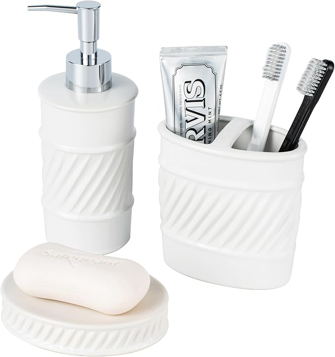 3-Piece Ceramic Bathroom Accessories Set - Soap Dispenser, Toothbrush Holder & Soap Dish with Modern Wave Embossed Design for Bathroom Accessory Set (White)