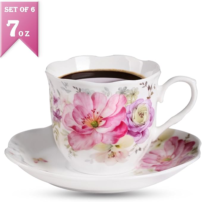 GuangYang 7 oz Porcelain Tea Cups and Saucers Set of 6, Pink Floral Design – Elegant Gift Set for Tea Lovers, Coffee, Cappuccino, Mocha, Weddings, Housewarming & Holidays