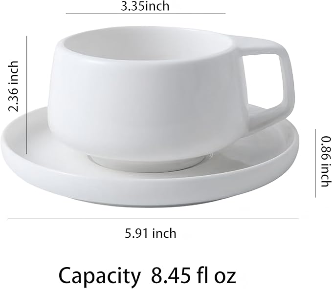 Luxury Ceramic Coffee Cup and Saucer Set, 8.45 fl oz, White, 5.91 x 3.35 inches