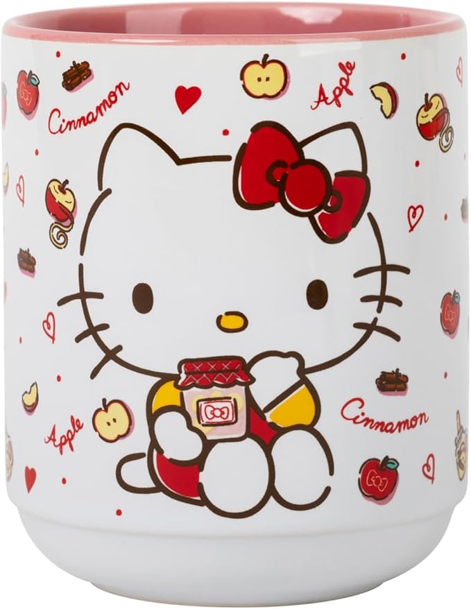Silver Buffalo Sanrio Hello Kitty Cinnamon Apples Asian Ceramic Tea Cup | Traditional Japanese-Inspired Mug Without Handle | Holds 12 Ounces