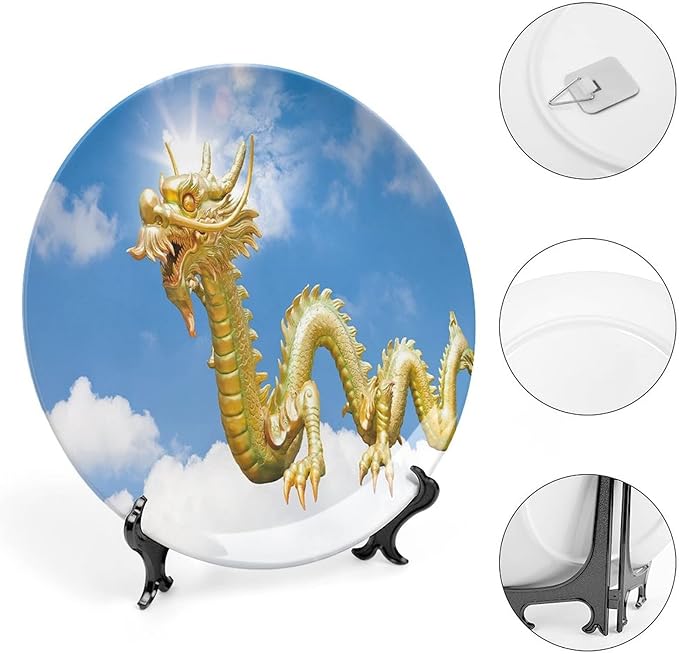 XISUNYA 8 Inch Decorative Plate, Dragon Ceramic Stoneware, Traditional Chinese Dragon Hovering at Cloud Sky Print Ornament Display Plate Decor Accessory for Dining, Parties, Wedding