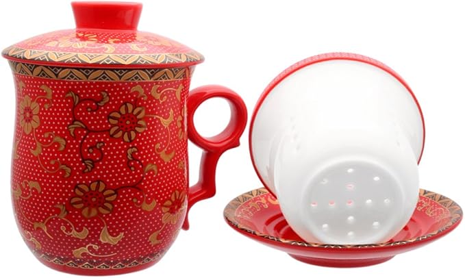 Porcelain Tea Cup with Infuser Lid and Saucer Sets - Chinese Jingdezhen Ceramics Coffee Mug Teacup Loose Leaf Tea Brewing System for Home Office