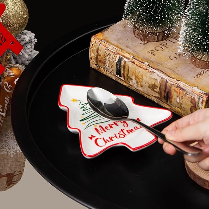 Ceramic Christmas Tree Spoon Rest for Cooking, Cute Festive Spoon Holder for Stove Top,Porcelain Christmas Dish for Kitchen Counter,Holiday Gift (White-Christmas Tree)