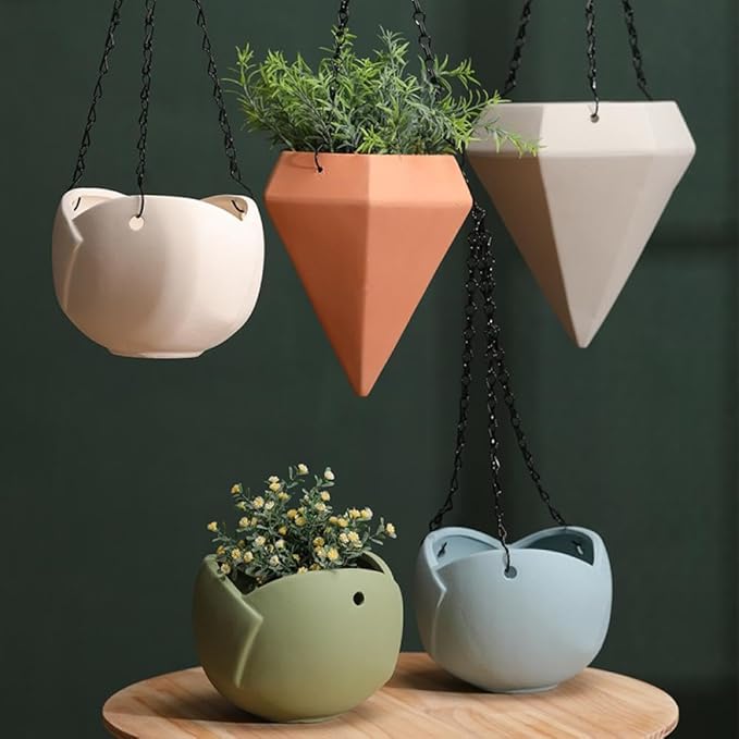 Sizikato Hanging Porcelain Planter, Unglazed Ceramic, Flower Shape, 6 Inch
