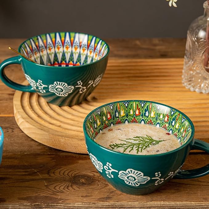 Bohemian Hand-Painted Ceramic Mug, 15 Oz Large Coffee Cup for Milk, Tea, and Breakfast, Dishwasher & Microwave Safe Artisan Cup, Mug Green-A