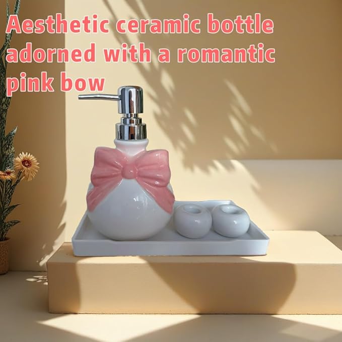 Pink Ceramic Soap Dispenser Set – Bow Design 12oz Dispenser with 2 Ceramic Toothbrush Holders & PP Tray, Refillable Cute Bathroom Accessories for Lotion, Hand Soap & Dish Soap