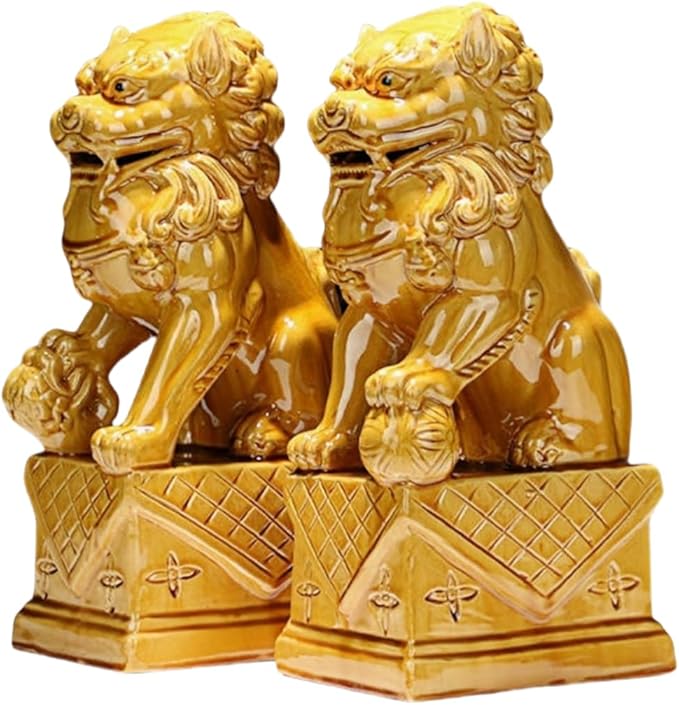 Retro Sculpture Ceramic Lions Pair Home Decorations Asian Art Desktop Feng Shui Ornaments Light Yellow
