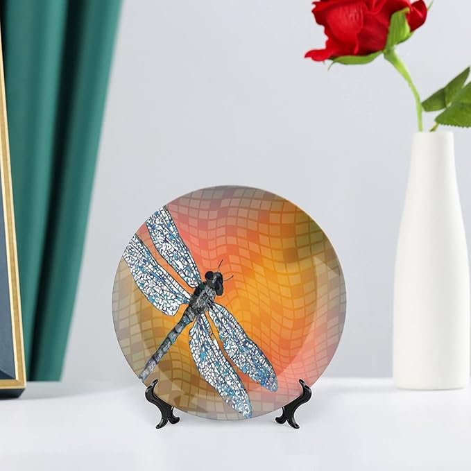 10 Inch Decorative Plate, Dragonfly Dinner Plate, Bird Like Bugs Flying on Orange Marigold Abstract Geometric Print Ceramic Wall Hanging for Fine Dining For Upscale Events, Dinner Parties, Weddings