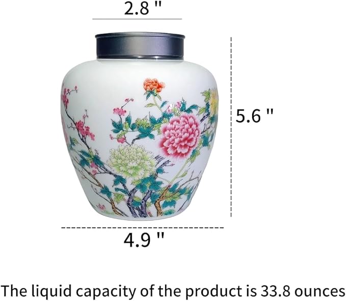 WF Chinese Ceramics Ginger Jar, Porcelain Storage Jar, Double layer metal cover - Airtight Container for Coffee Beans, Tea Kitchen Home Collectibles 1000 ML
