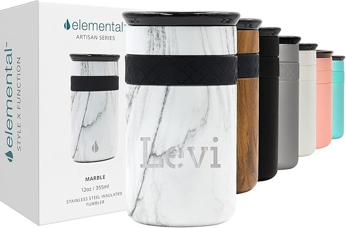 Elemental Personalized Artisan Insulated Tumbler, Triple Wall Coffee Travel Tumbler, Reusable Stainless Steel Coffee Tumbler with Ceramic Lid, Thermal Coffee Cup for Hot & Cold, 12oz - White Marble