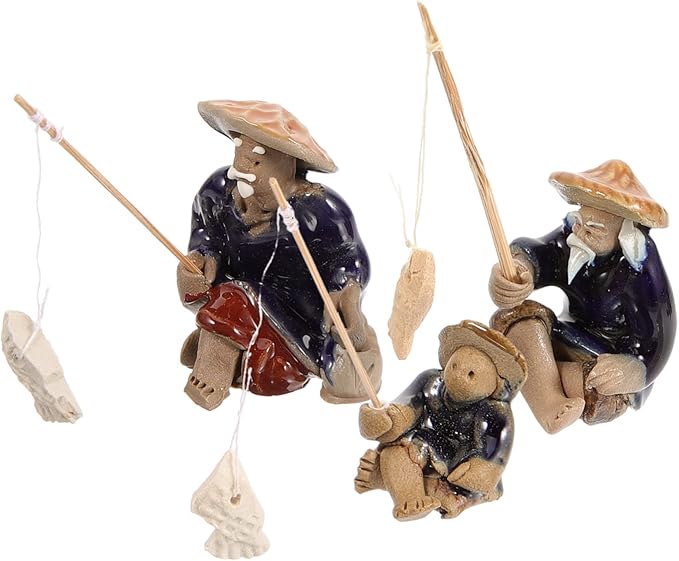 Angoily 3Pcs Miniature Fisherman Figurines Ceramic Statue for Aquariums Lovely Bonsai Landscape Decor Asian Fisherman Sculpture for Micro Landscapes and Fish Tanks