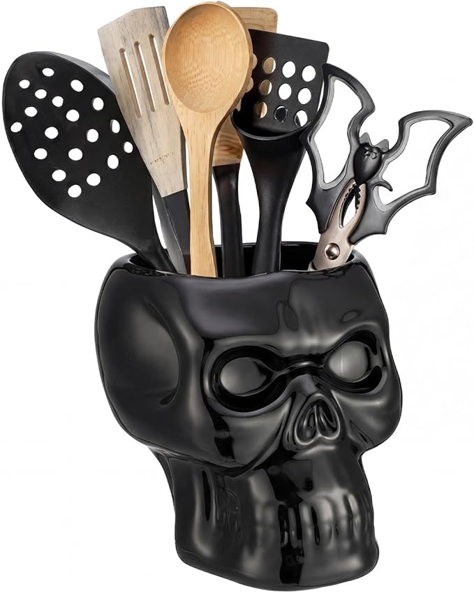 Yungyan Ceramic Skull Utensil Holder for Kitchen, Gothic Kitchen Accessories, Large Capacity Skull Skeleton Storage Pen Holder for Vanity Desk Bathroom Office Halloween Scary Party Decoration
