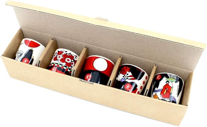2oz Korea Ceramic Soju Whiskey Shot Glass Set of 5 With Hwatu,Ogwang Korean Traditional Flower Card Game Pattern Print (Soju Shot Set of 5 Wtih HWA-tu,Korean Flower Card Game 1 Set)