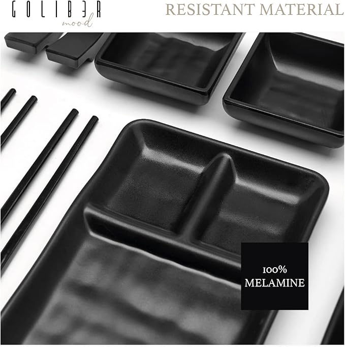Sushi Serving Set, with 4 Japanese Sushi Serving Plate, 4 Soy Sauce Dish, 4 pairs of chopsticks and 4 chopsticks stands- Melamine Serving Set for Sushi (Black)